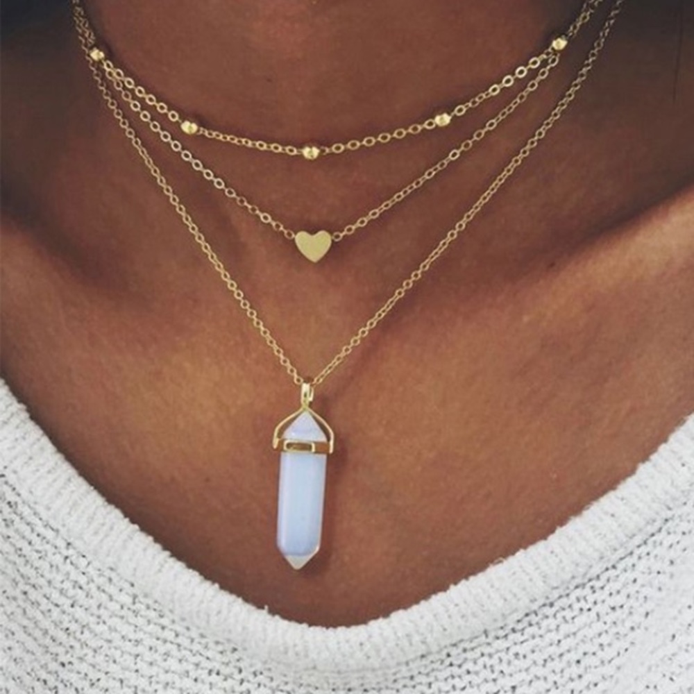 Gold Boho pink crystal layered choker necklace